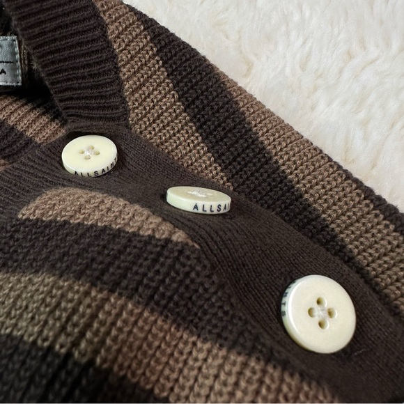All Saints Men Brown Striped Cotton Crewneck Knit Sweater - Picture 3 of 11